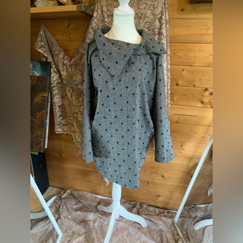 Vintage Grey Wool Polka Dot Tunic Dress Sweater Jacket Women